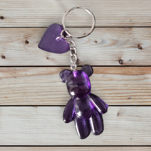 Ella Fait créations uniques résine porte clefs ours et cœur violets support argenté